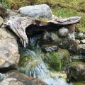 A broken piece of old log will soften the look of rocks in a stream.