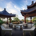 This view is from one of the three entry points of the pagoda and provides a long view of the koi pond and waterfall.