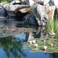 Although quarried quartzite stones were used for this commercial project, the stones that make up the falls are more “weathered” in appearance.