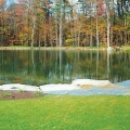 Circulation water flows over the weathered stone waterfall seen to the far left of this pond and into the “filter” pond that sits approximately 6 feet lower on the property.