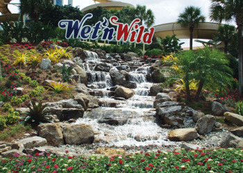 Boulders up to 5 feet tall and weighing up to 6 tons were used in this waterfall, which is 30 feet high and has a forward cascading dimension of 25 feet! Two 5-hp, 3-phase industrial pumps were used, each providing 30,000 gph for a total of 60,000 gph!