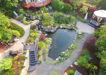 aerial view pond waterfall