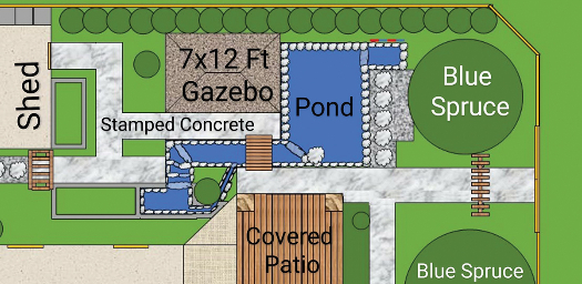 homeonwer plan for backyard pond and patio