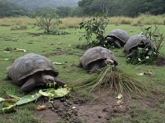 Galapagos tortoises feeding on native vegetation