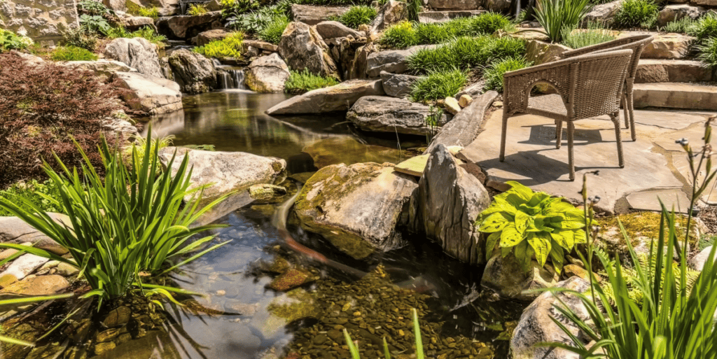 Entry pond with waterfall walkway