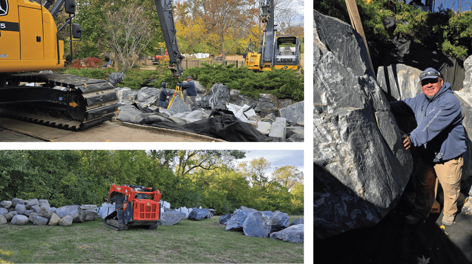 placing boulers at Larry Carnes pond